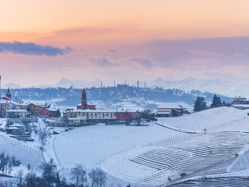 Descubra vinhedos nevados e castelo medieval com Alpes ao fundo.