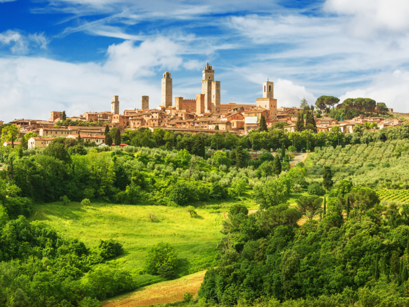 Panorama of San Gimignano and vineyards around this Italian beautiful city (UNESCO heritage),Italy