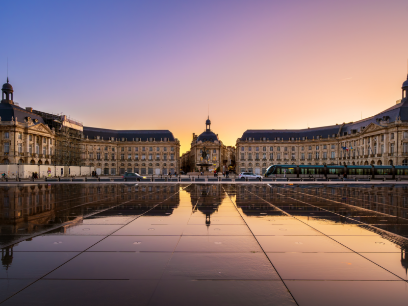 Scenic view of Place de la Bourse at sunset in Bordeaux, France. High quality photography