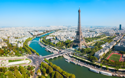 Eiffel Tower or Tour Eiffel aerial view, is a wrought iron lattice tower on the Champ de Mars in Paris, France