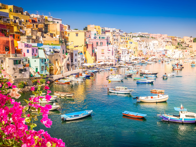 Viva as cores e flores do porto em Procida no verão, Itália.
