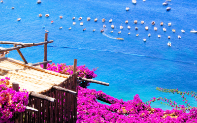 Opiniões da costa de Amalfi. Floresça o terraço drapejado em Positano na costa de Amalfi de Italy