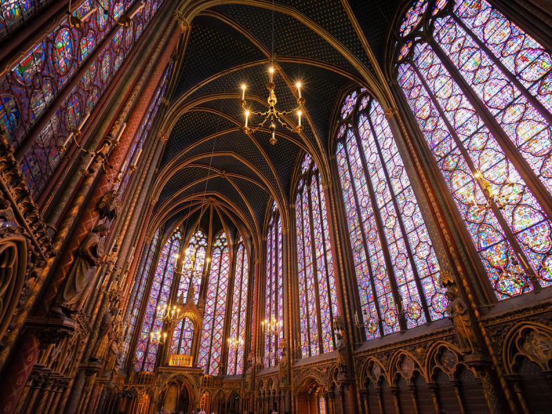 Stained glass windows of Saint Chapelle, old medieval church of 13c., Paris France