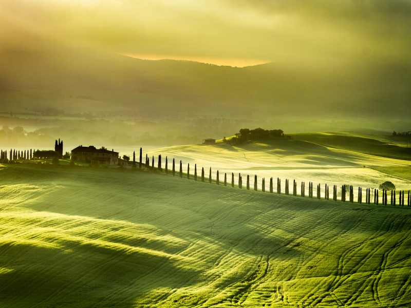 Viva o luxo da Toscana com pores dourados nas colinas.