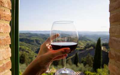 Saboreie um delicioso vinho tinto com uma vista incrível para os vinhedos da Toscana, vivenciando o melhor da cultura vinícola em uma viagem pela região.