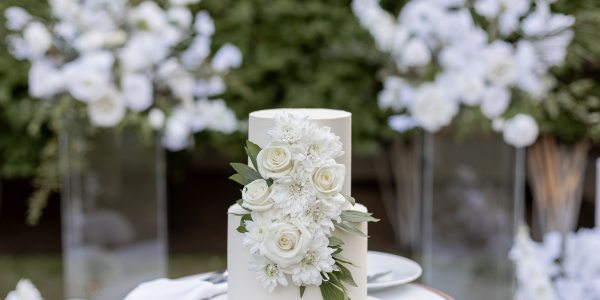wedding cake near arch for the evening ceremony